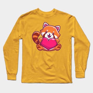 Cute Red Panda Holding Love Heart Cartoon Long Sleeve T-Shirt